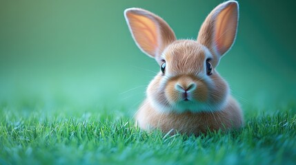 Poster - A close-up shot of a rabbit sitting in the grass, looking directly at the camera