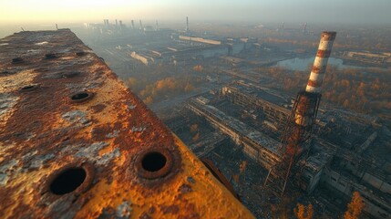 Poster - Old industrial building with rusty exterior and a large factory in the background