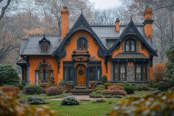 Aufkleber - A small orange house with a black roof and door, perfect for illustrations or designs