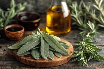 Poster - Fresh sage leaves arranged on a cutting board, accompanied by a bottle of olive oil