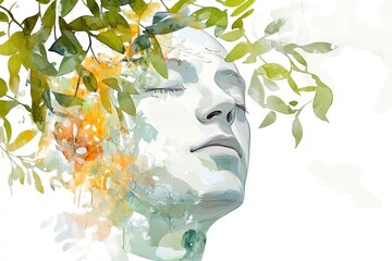 Poster - Portrait of a woman's face surrounded by green leaves