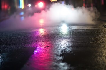 Poster - A city street scene at night with thick smoke billowing out from various sources