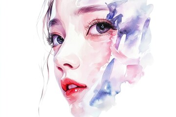Poster - Beautiful watercolor portrait of a woman's face with gentle features and soft colors