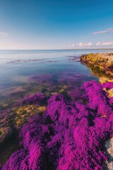 Poster - Beach scenery with purple flowers and ocean view, suitable for travel or nature themed projects