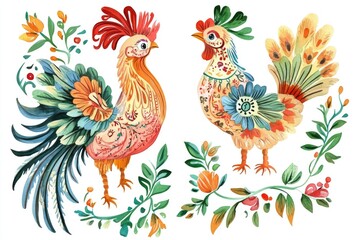 Aufkleber - Two roosters stand side by side, their plumage and beaks prominent