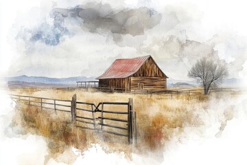 Poster - A watercolor painting of a rustic barn standing alone in a green meadow