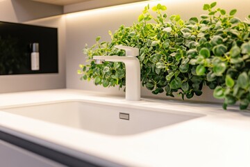 Sticker - A kitchen sink with a plant sitting on top, adding a touch of greenery to the space