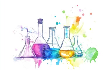 Aufkleber - Group of laboratory flasks containing colorful liquids, suitable for science and education illustrations