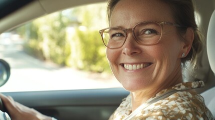 Aufkleber - A happy woman behind the wheel of a vehicle, smiling and focused on the road