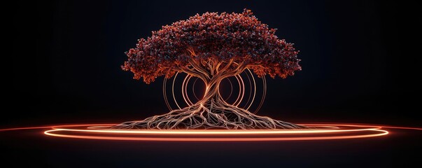 Poster - Mahogany tree abstract background idea. A striking tree with vibrant red foliage and glowing roots on a dark background.