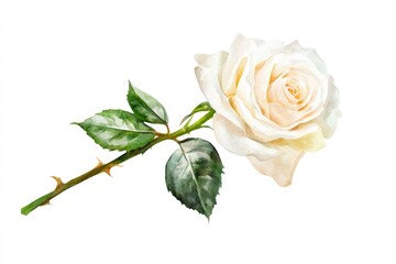 Poster - A close-up of a white rose with green leaves on its stem, ready for use in various compositions
