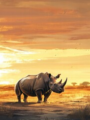 Fototapete - Majestic rhino standing in a barren savanna during sunset with expansive sky and copy space available. Generative AI
