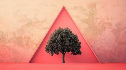 Sticker - Oak tree abstract background idea. A solitary tree placed inside a geometric triangular frame, symbolizing harmony.