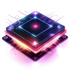 Poster - Vibrant digital illustration of a futuristic microchip with glowing circuits and energy bursts.
