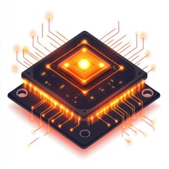 Poster - An abstract illustration of a glowing microchip with intricate circuitry in vibrant orange hues, symbolizing technology.