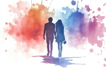 Poster - A couple walking together in front of a vibrant background, perfect for illustrating relationships or romantic gestures