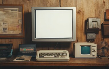 Wall Mural - Blank white poster framed in sleek silver, set against an image of a vintage computer setup with a CRT monitor, floppy disks, and the early days of the internet on display 