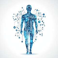 Poster - A digital silhouette of a human figure intertwines with high-tech circuitry, symbolizing the fusion of technology and humanity.