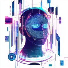 Aufkleber - Futuristic digital head showcasing AI with vibrant neon circuits and holographic data elements.