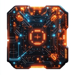 Poster - Abstract circuit board design with vibrant orange and blue lights on a dark background, symbolizing technology and innovation.