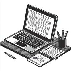 Poster - An illustration of a modern laptop on a wooden desk with stationery, showcasing a workspace setup.