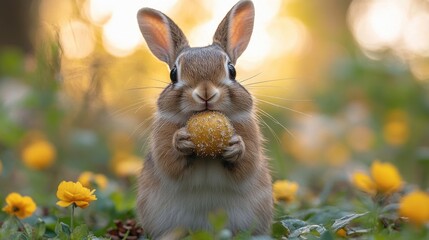 Aufkleber - A rabbit eats a piece of food in a field of colorful flowers