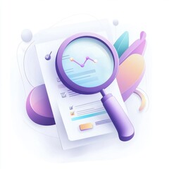 Poster - A colorful magnifying glass over a document with data graphs, symbolizing analysis and research.