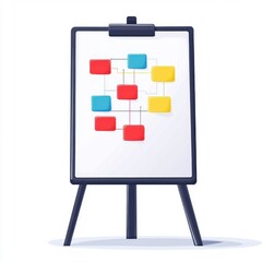 Poster - A colorful flowchart displayed on a stand, featuring bright red, yellow, and blue blocks connected by lines.