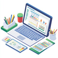 Poster - a vibrant workspace featuring a laptop, tablet, and colorful stationery, exuding a productive atmosp