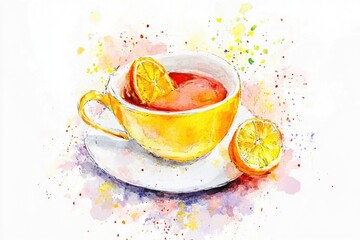 Poster - A still life image of a cup of tea with a slice of lemon