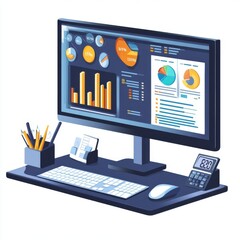 Poster - A modern workspace featuring a sleek computer monitor displaying colorful data visualizations and a calculator.