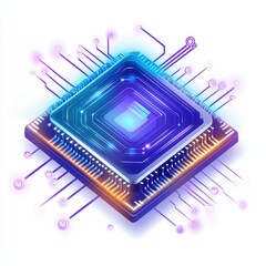 Poster - A vibrant illustration of a futuristic computer chip, glowing with blue and purple hues against a white background.