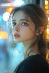 Aufkleber - A woman with long hair looks out the window