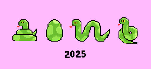 Wall Mural - Green Snakes in various poses, egg. Cute funny characters. Symbol of the new year 2025. Pixel Art, 8 bit, retro video game style. Hand drawn modern Vector illustration. Isolated design elements