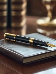 Aufkleber - Luxury fountain pen with gold accents rests on a leather notebook at an elegant desk in a warm office setting during the afternoon. Generative AI
