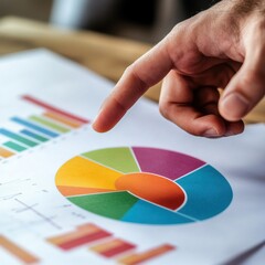 Poster - A close-up of a male hand analyzing colorful charts and graphs on a printed document.