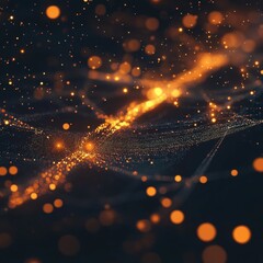 Poster - Beautiful abstract illustration of glowing particles in warm orange tones against a dark background.