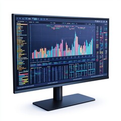 Poster - A sleek black monitor displays vibrant financial charts and data visualizations, highlighting market trends.