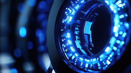 Poster - A close-up view of a clock face with bright blue lights, ideal for use in technology or innovation-themed designs