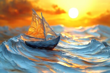 Aufkleber - A small boat floats on the surface of a calm lake