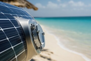 Poster - A close-up shot of a solar panel situated on a sandy beach, with clear blue water in the background