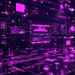 Fototapete - Futuristic digital interface with vibrant pink tones, showcasing complex data visuals and holographic elements.