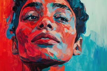 Poster - expressive portrait in oil with vibrant reds and blues blending dynamically across canvas