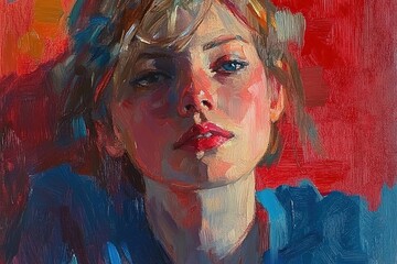 Poster - expressive portrait in oil with vibrant reds and blues blending dynamically across canvas