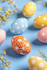 Poster - A collection of vibrant Easter eggs arranged on a blue background, perfect for spring-themed designs and decorations