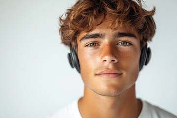 Poster - A young man listening to music or audio with headphones on, looking directly at the camera