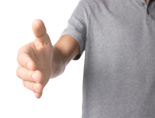 Wall Mural - Offering help. Man reaching his hand on white background, closeup