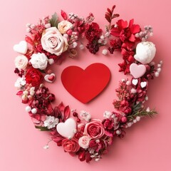 Aufkleber - A bright red heart adorned with colorful flowers on a soft pink background, great for love and affection themed designs