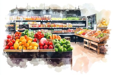 Poster - Fresh fruits and vegetables displayed on shelves in a grocery store