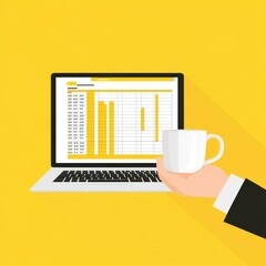 Poster - a business professional's hand holds a white mug beside a laptop displaying a colorful spreadsheet.